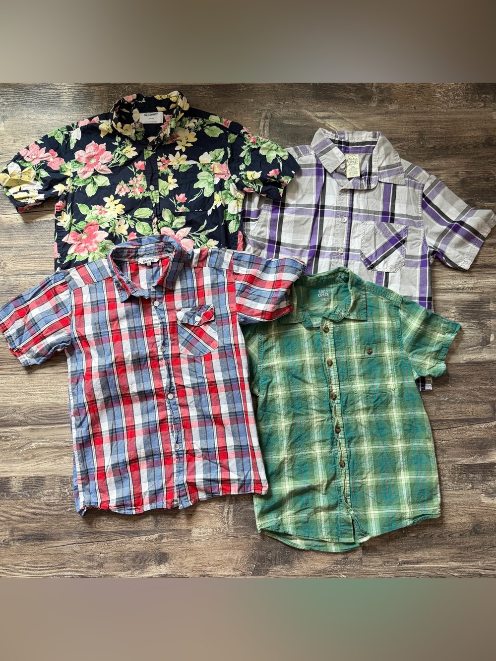Lot of 4‎ floral & plaid short sleeve button up shirts boys L 10-12